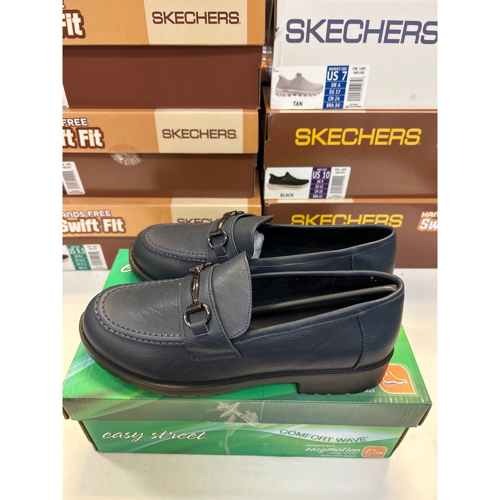 Easy Street Witney Loafers Women 10 Navy Blue Comfort Wave Detail Slip On 0671